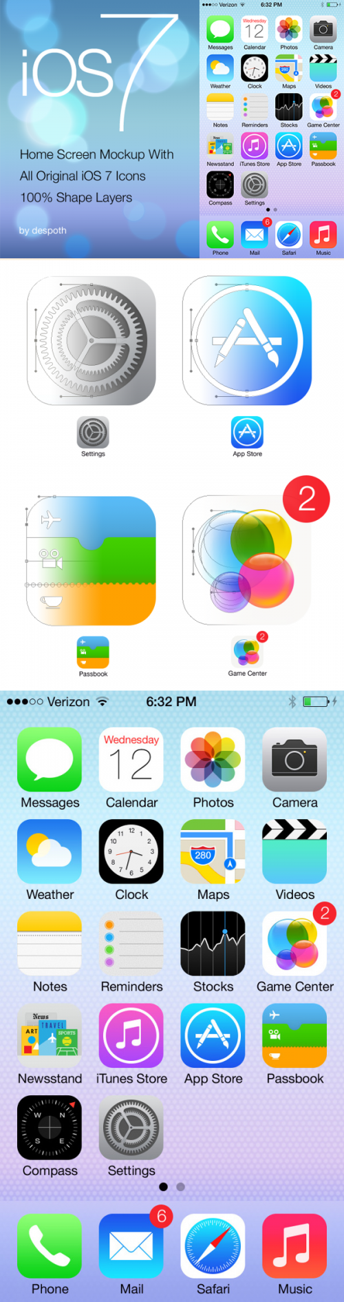 iOS 7 ホーム画面のアイコン PSD